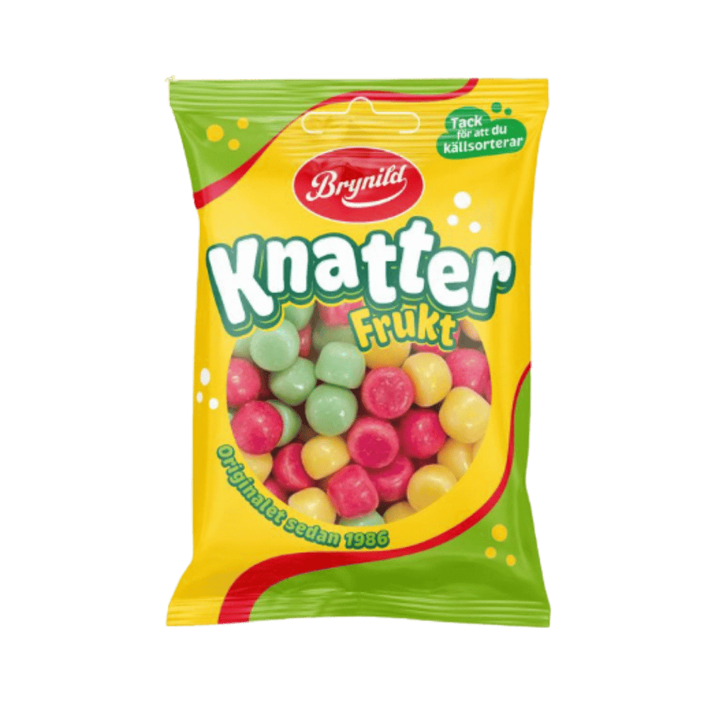 A bag of Brynild Knätter Frükt candy, featuring a bright yellow and green packaging design with a clear window showing round, multi-colored candies inside.