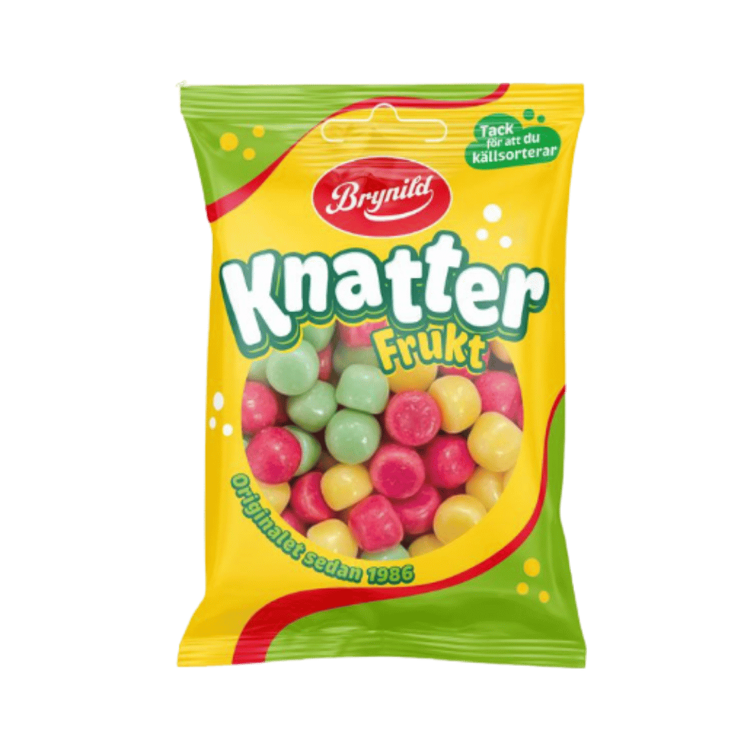A bag of Brynild Knätter Frükt candy, featuring a bright yellow and green packaging design with a clear window showing round, multi-colored candies inside.