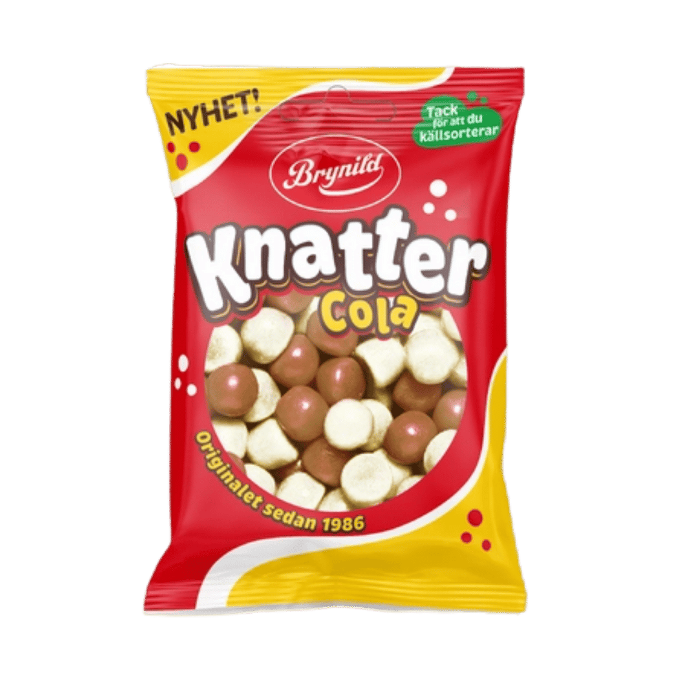 A bag of Brynild Knatter Cola chocolate malt balls, featuring a red and yellow packaging design with a clear window showing the brown and white chocolate candies inside.