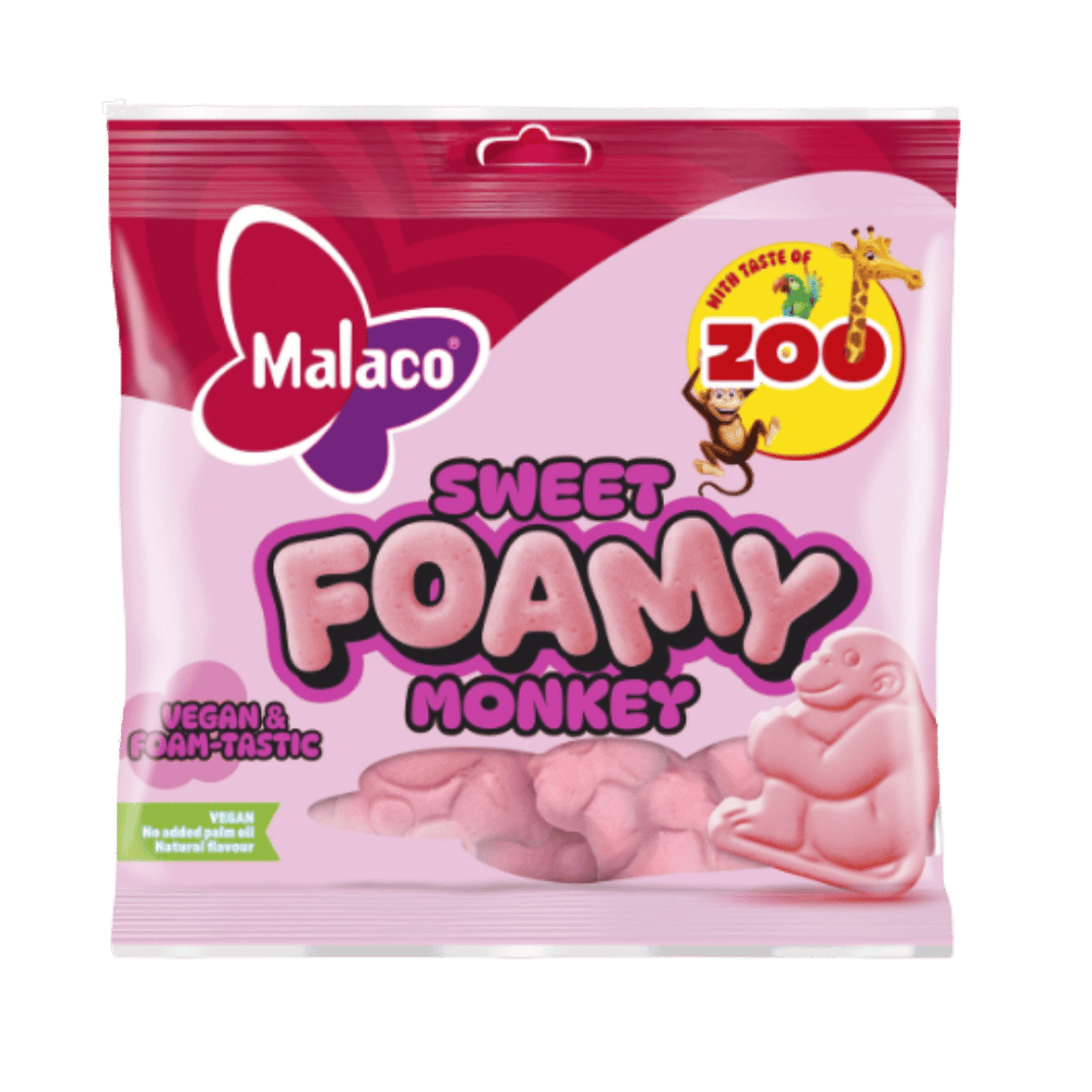 A bag of Malaco Sweet Foamy Monkey gummy candy, featuring pink and purple packaging with a cartoon monkey and a 'Best Taste of Zoo' badge.