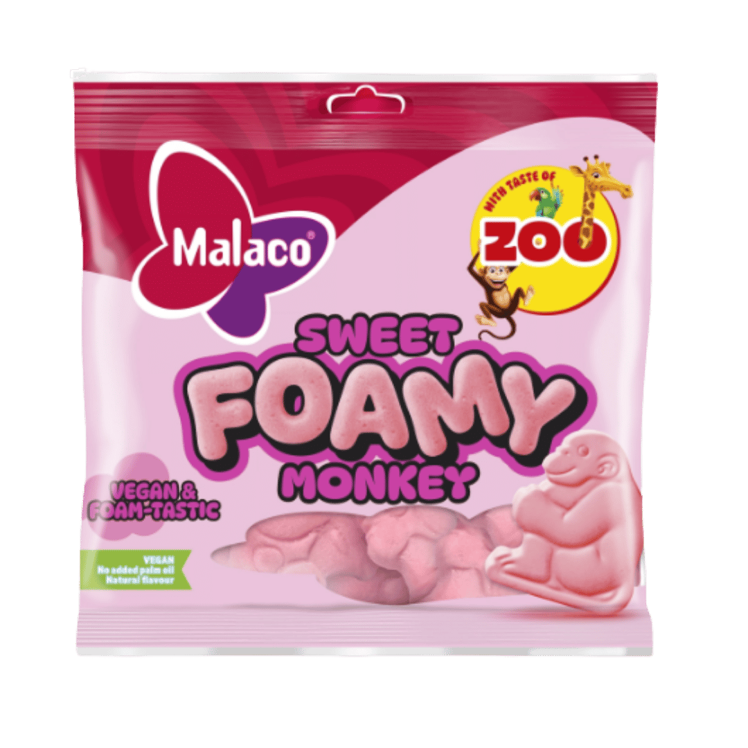 A bag of Malaco Sweet Foamy Monkey gummy candy, featuring pink and purple packaging with a cartoon monkey and a 'Best Taste of Zoo' badge.