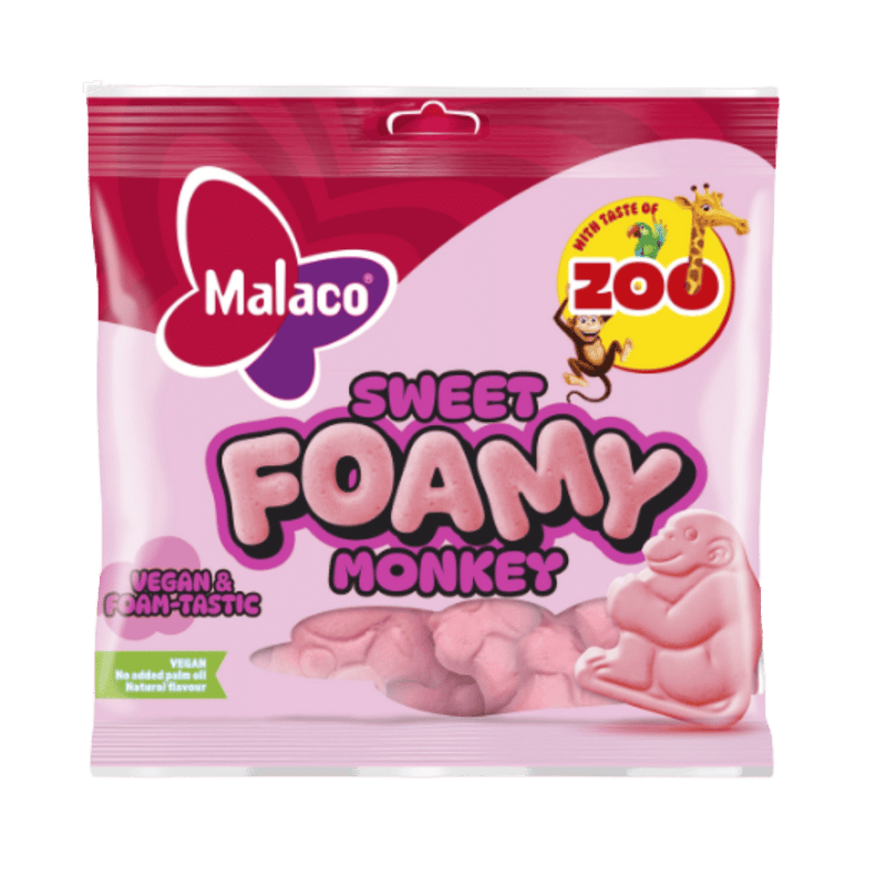 A bag of Malaco Sweet Foamy Monkey gummy candy, featuring pink and purple packaging with a cartoon monkey and a 'Best Taste of Zoo' badge.