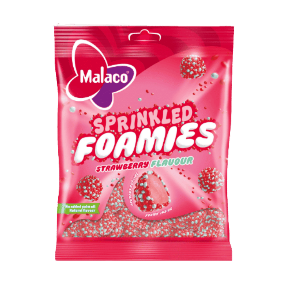 A package of Malaco Sprinkled Foamies Strawberry Flavour candy, shown in a bright pink bag with white and red lettering and illustrations of the foamie candies.