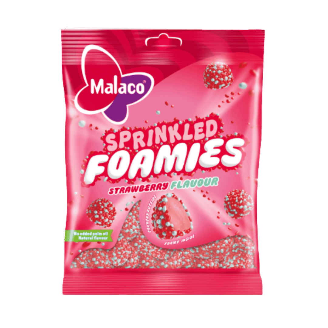 A package of Malaco Sprinkled Foamies Strawberry Flavour candy, shown in a bright pink bag with white and red lettering and illustrations of the foamie candies.