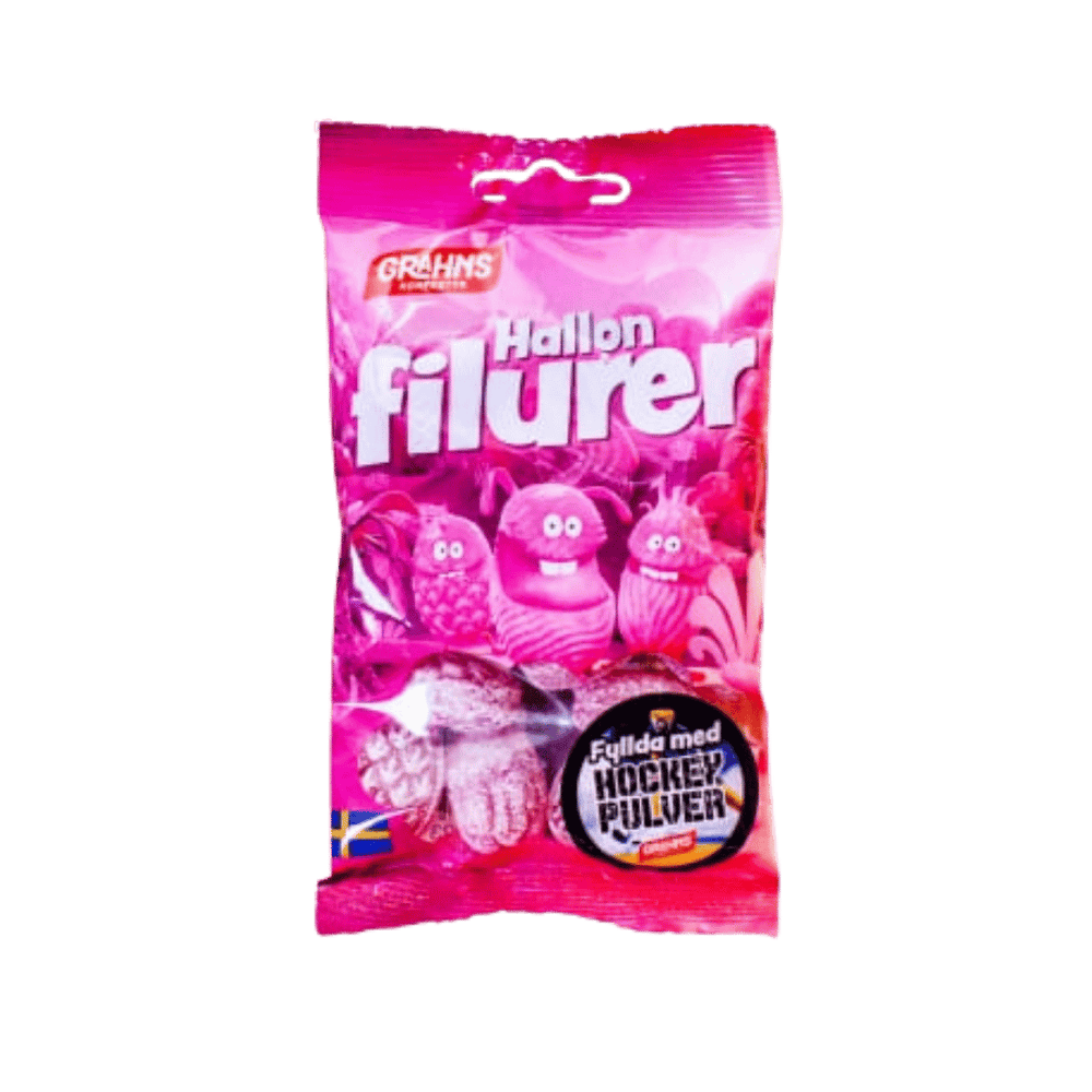 A package of Grèhns Hallon filurer (strawberry candy) in a bright pink bag with illustrations of pink strawberry candies and a circular badge indicating it is filled with strawberry powder.