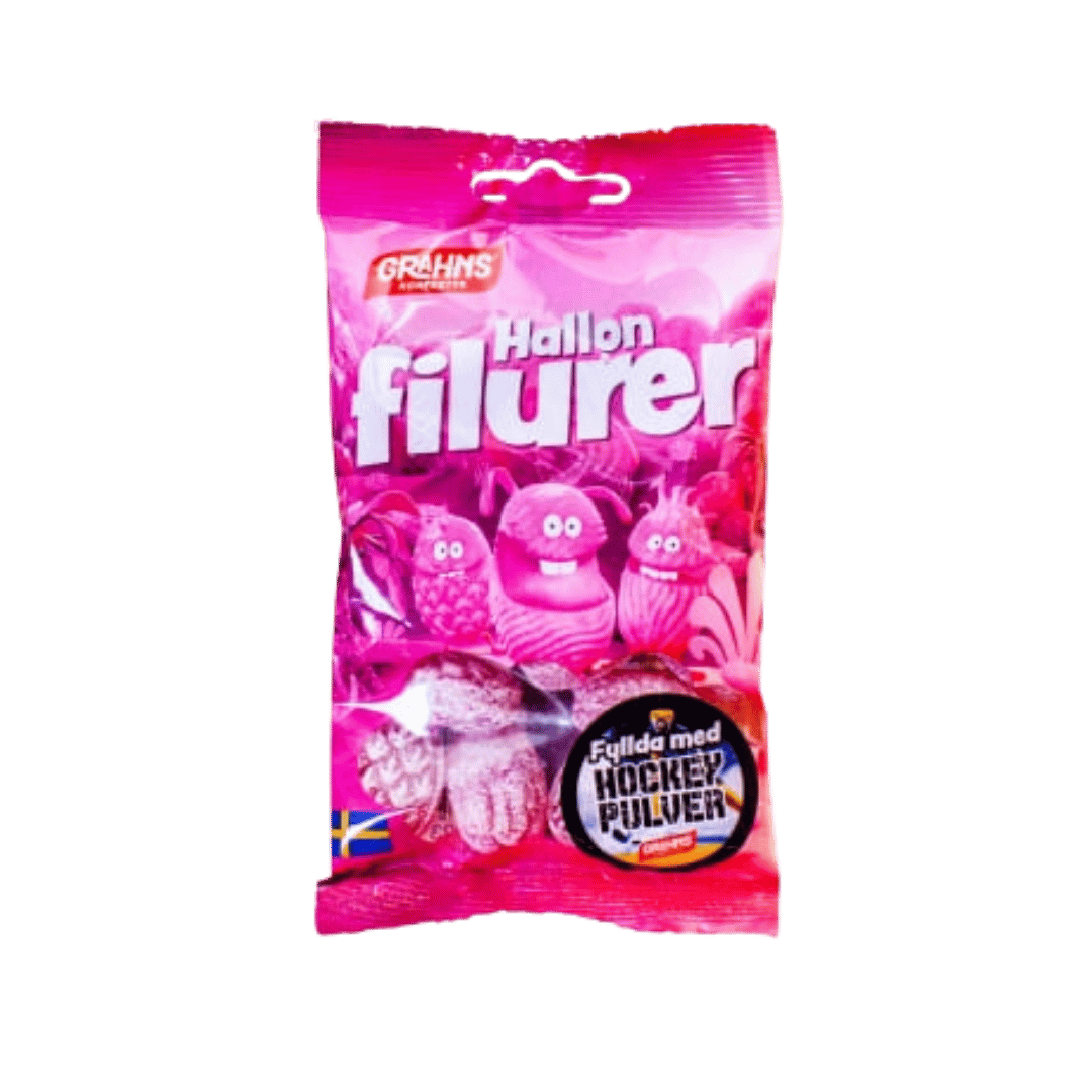 A package of Grèhns Hallon filurer (strawberry candy) in a bright pink bag with illustrations of pink strawberry candies and a circular badge indicating it is filled with strawberry powder.