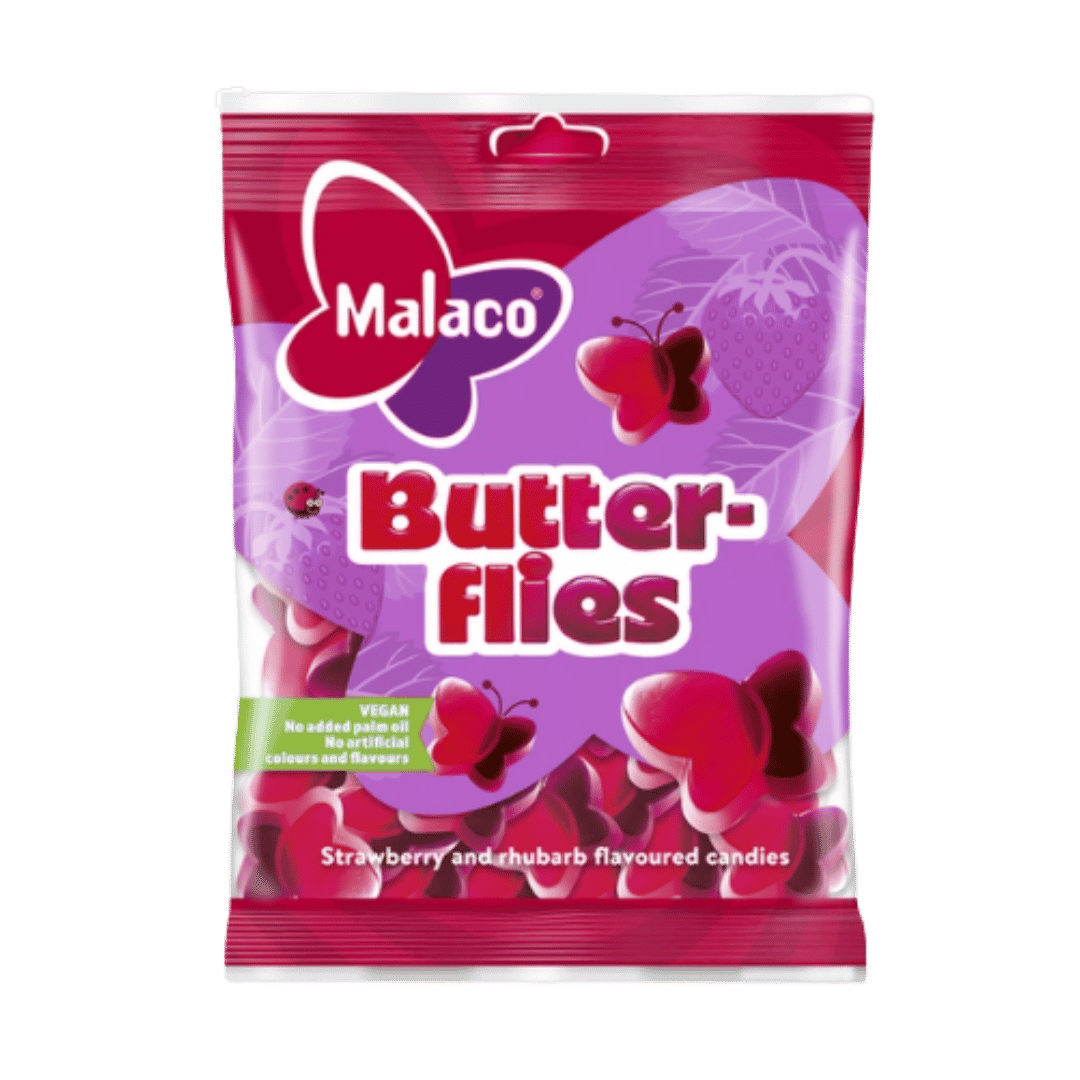 A bag of Malaco Butterflies strawberry and rhubarb flavored candies, featuring a bright pink and purple design with butterfly graphics.