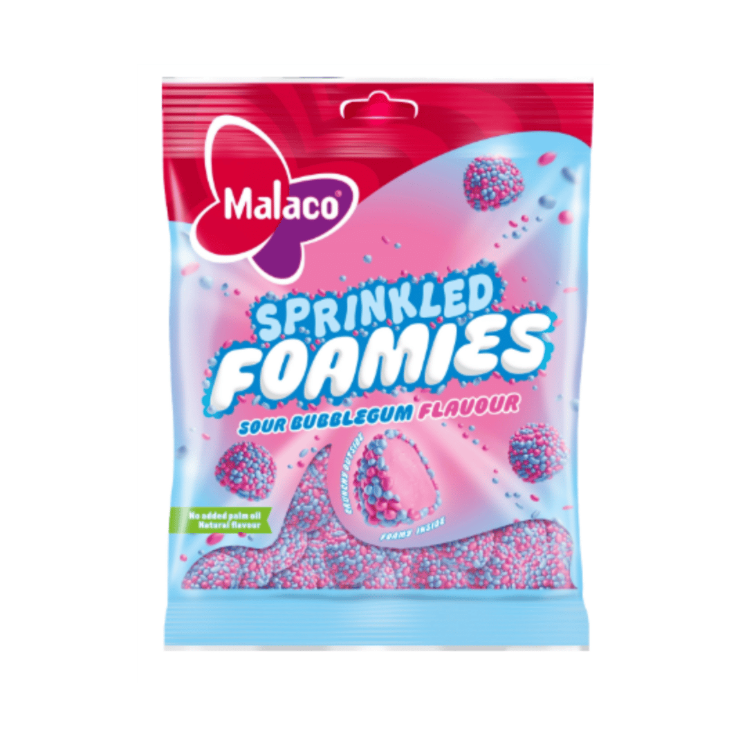 A bag of Malaco Sprinkled Foamies sour bubblegum flavour candy, featuring a bright pink and blue design with illustrations of the sprinkled foamie candies.