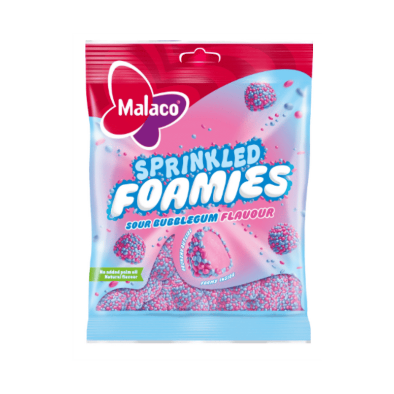 A bag of Malaco Sprinkled Foamies sour bubblegum flavour candy, featuring a bright pink and blue design with illustrations of the sprinkled foamie candies.