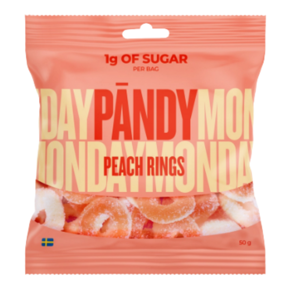 A 50g bag of Pandy's Peach Rings candy, featuring a peach-colored bag with bold red and yellow text and a clear window showing the peach-colored gummy rings inside.
