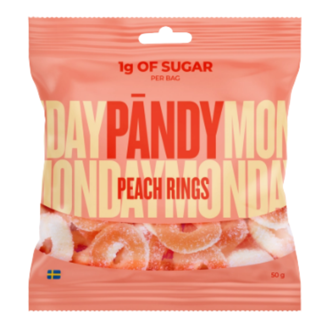 A 50g bag of Pandy's Peach Rings candy, featuring a peach-colored bag with bold red and yellow text and a clear window showing the peach-colored gummy rings inside.