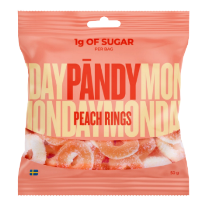 A 50g bag of Pandy's Peach Rings candy, featuring a peach-colored bag with bold red and yellow text and a clear window showing the peach-colored gummy rings inside.