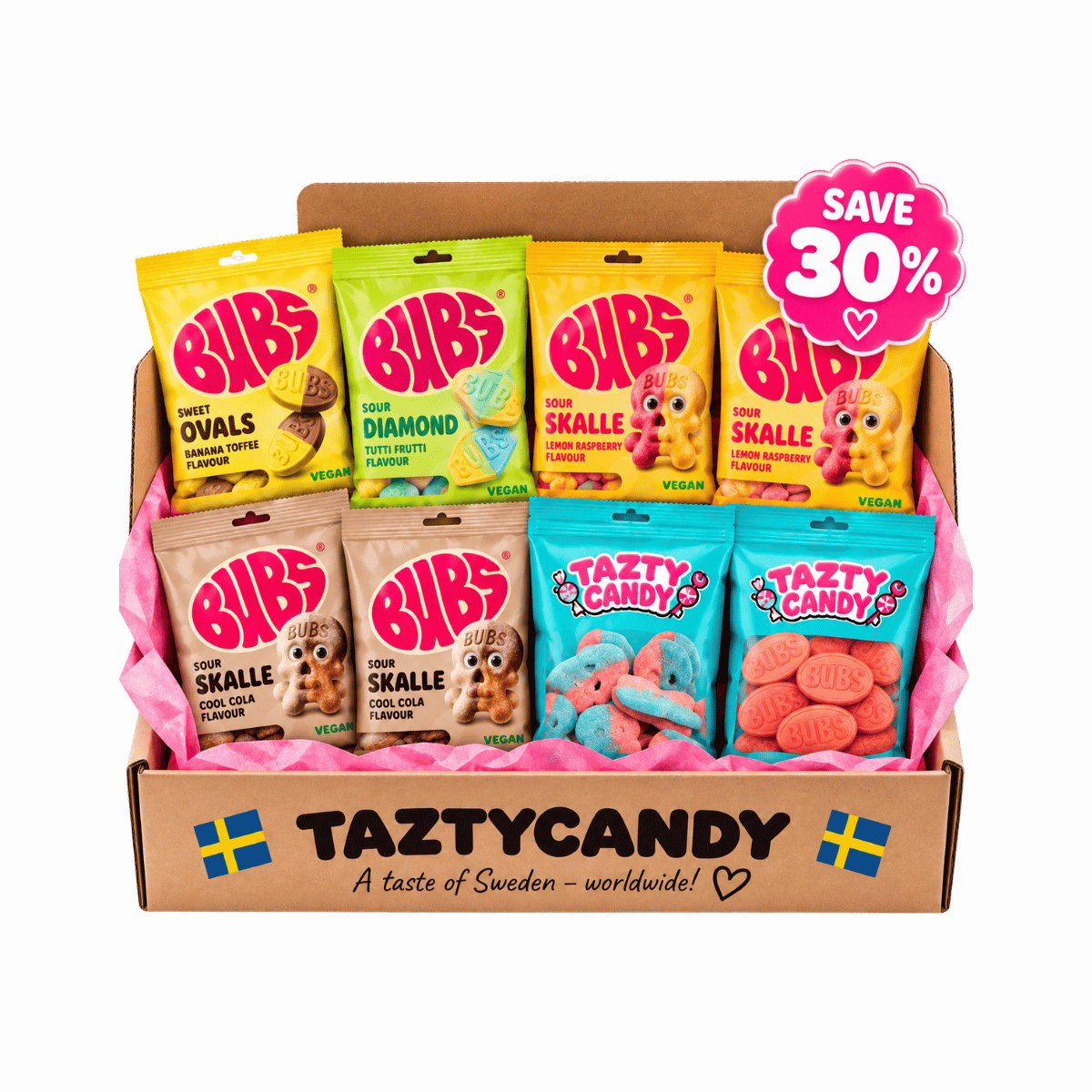 BUBS Swedish Candy Box – 8 Sweet & Sour Candy Bags