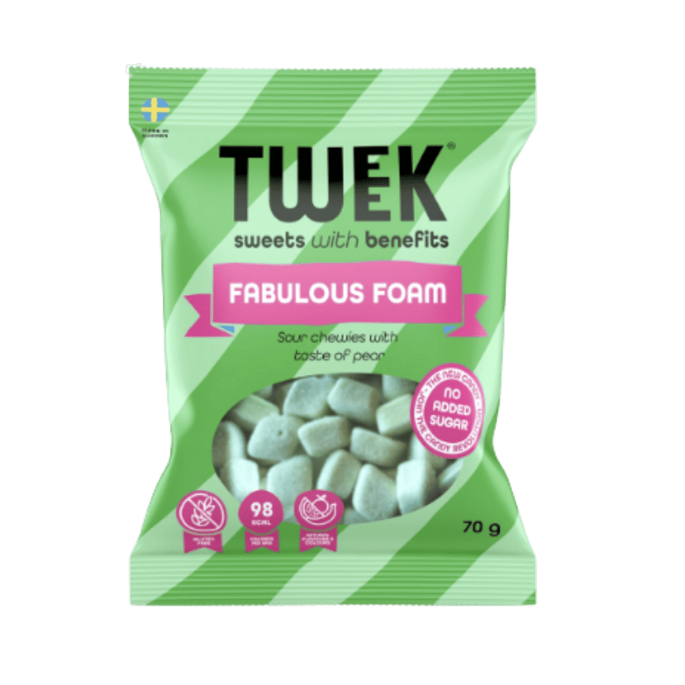 A 70g bag of TWEK Fabulous Foam sour chews, featuring a light green and white striped design with a clear window showing the light green foam pieces inside.