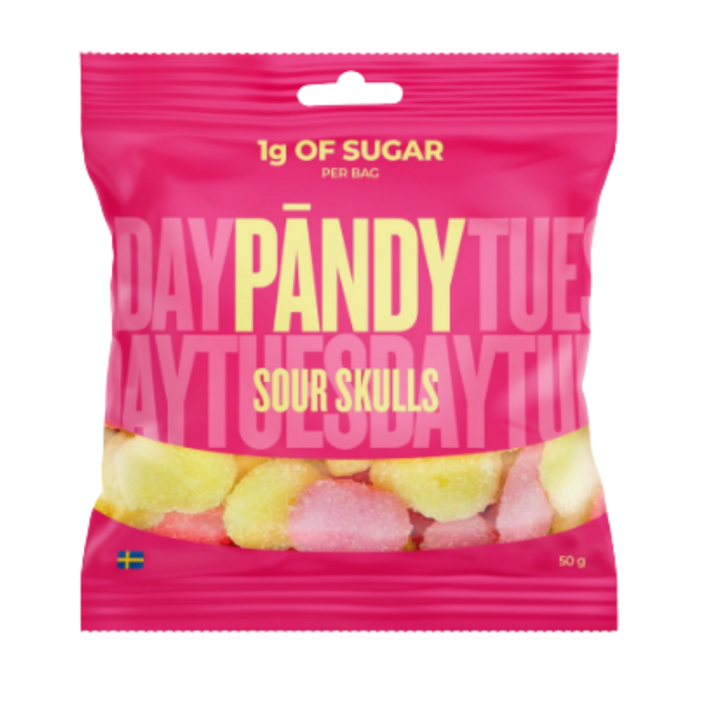 A 50g bag of Pandy Sour Skulls candy, featuring a bright pink packaging with yellow and white lettering and a clear window showing the colorful skull-shaped candies inside.