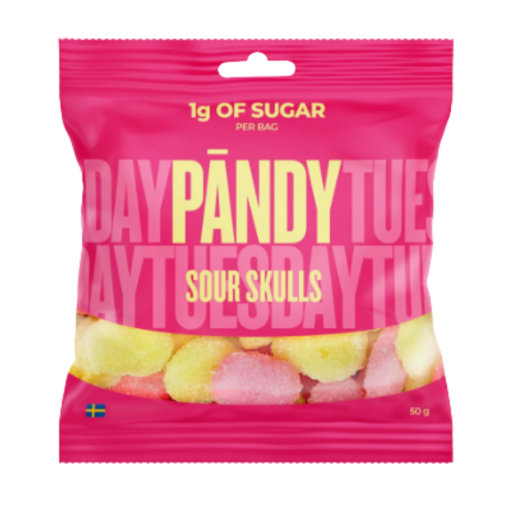A 50g bag of Pandy Sour Skulls candy, featuring a bright pink packaging with yellow and white lettering and a clear window showing the colorful skull-shaped candies inside.