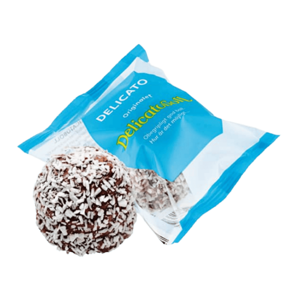 Delicato brand package with a chocolate-dipped coconut ball on a transparent background