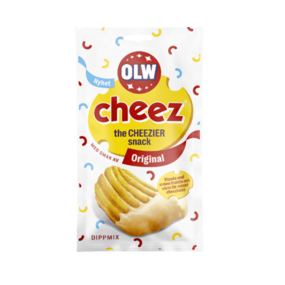 OLW Cheez snack package on a green background
