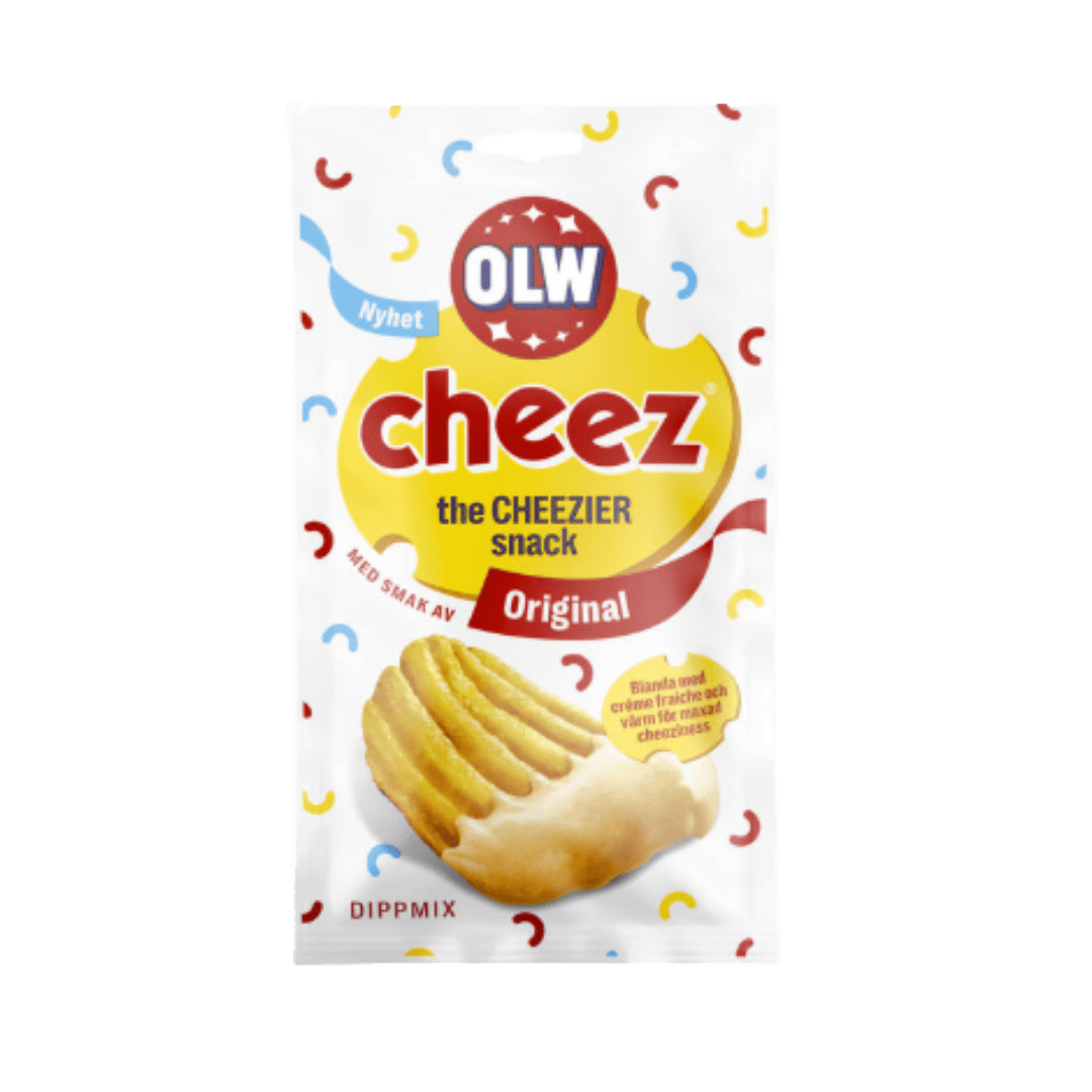 OLW Cheez snack package on a green background