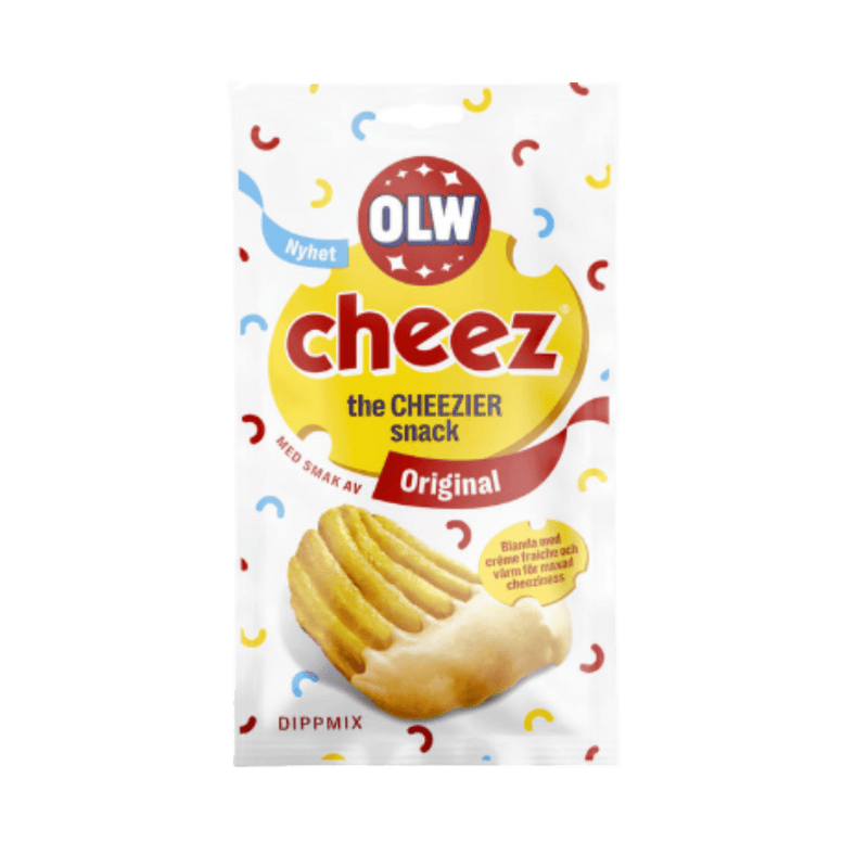 OLW Cheez snack package on a green background