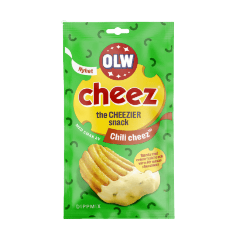 OLW Cheez snack package on a green background