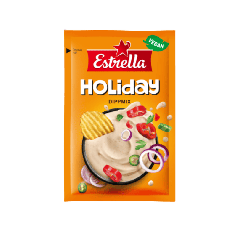 Estriella Holiday Dippmix packet on a green background