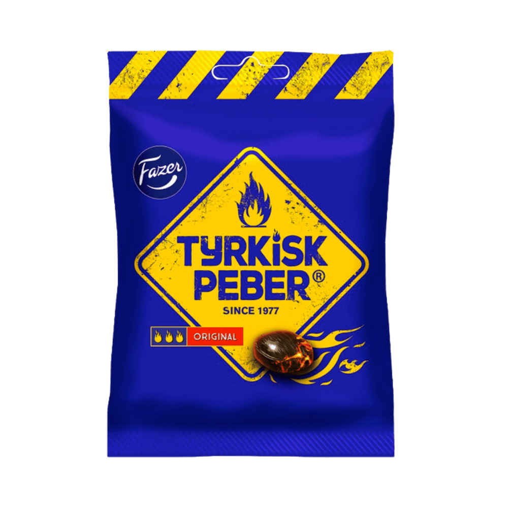 Blue packaging of Tyrkisk Peber with yellow accents on a green background