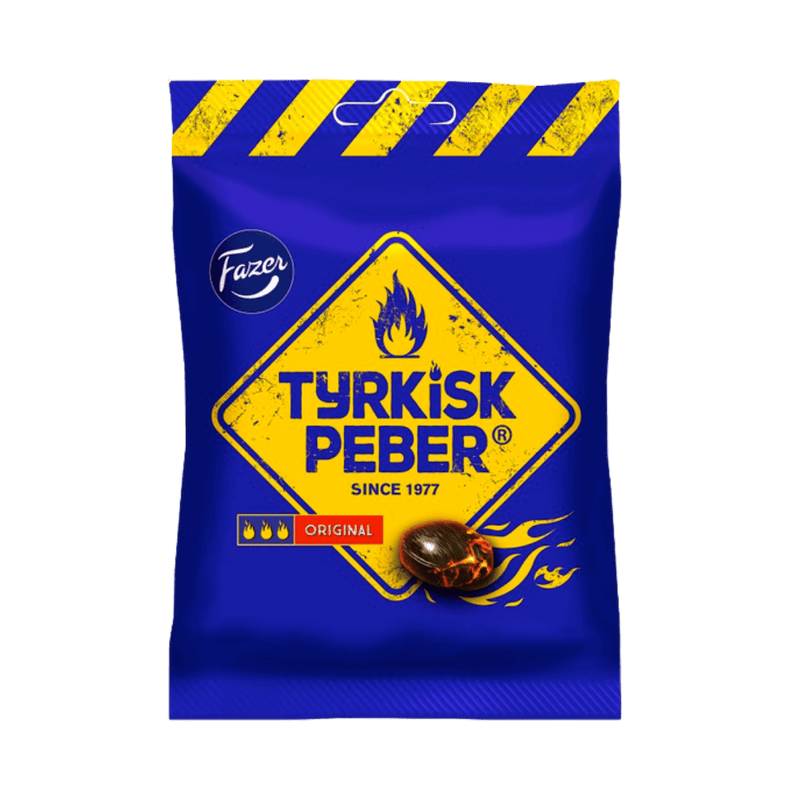 Blue packaging of Tyrkisk Peber with yellow accents on a green background