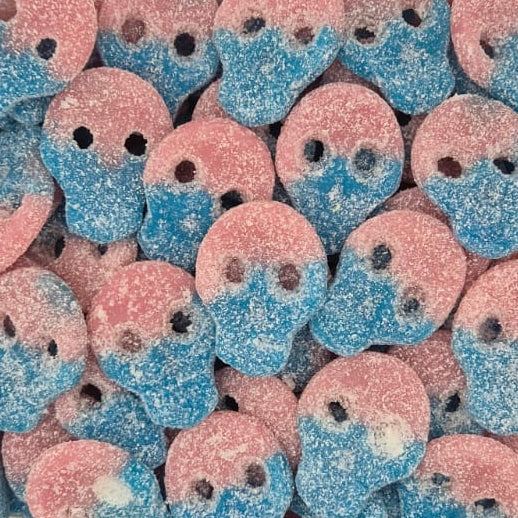 A clear plastic container filled with small, round, ghost-shaped candies coated in pink and blue sugar, set against a plain light background.