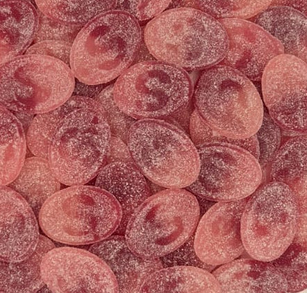 Clear plastic container filled with pink and red round candies on a light gray background